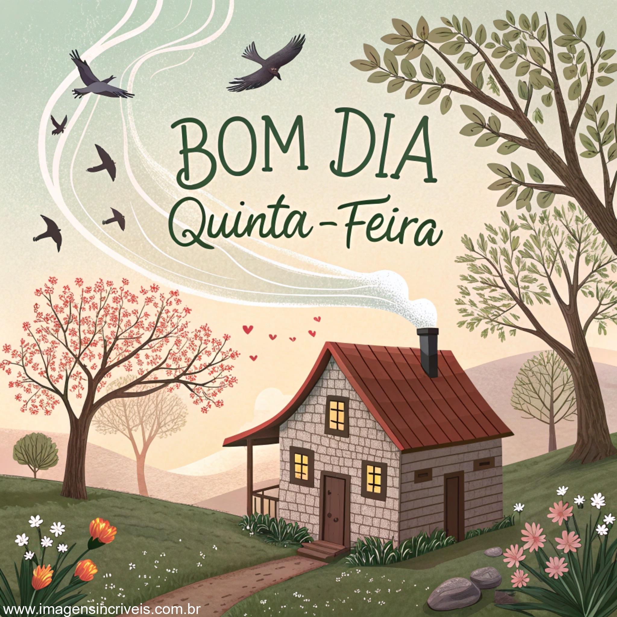 Imagem de Casa de campo com chaminé e o texto ‘Bom Dia Quinta-feira’ no céu com pássaros ao redor.