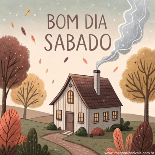 Casa de campo com fumaça na chaminé e o texto ‘Bom Dia Sábado’ no céu com árvores de outono.