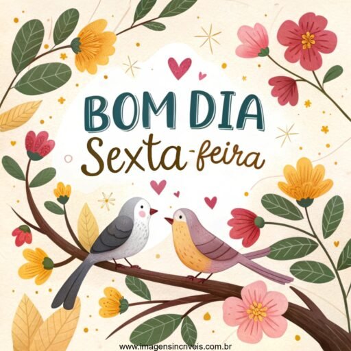 Casal de passarinhos em galho florido com o texto ‘Bom Dia Quarta-feira’ e brilhos dourados.