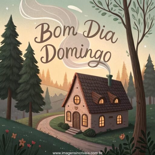 Casinha de campo com fumaça na chaminé e o texto ‘Bom Dia Domingo’ no céu.