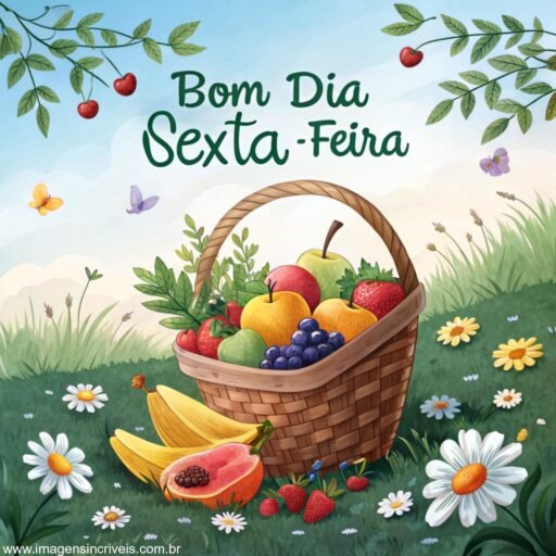 Cesta de frutas frescas ao ar livre com o texto ‘Bom Dia Quarta-feira’ e flores ao redor.