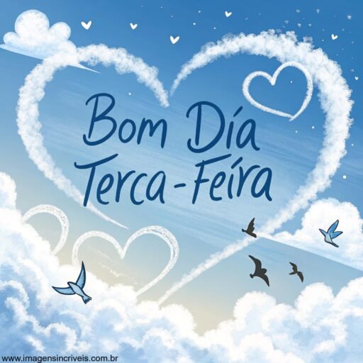 Céu azul com nuvens em formato de corações e o texto ‘Bom Dia Terça-feira’, com passarinhos voando ao redor.