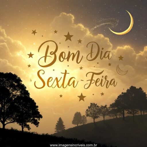 Céu dourado ao entardecer com o texto ‘Bom Dia Quarta-feira’ entre as nuvens e estrelas ao redor.