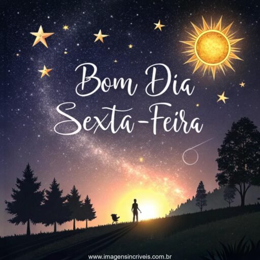 Céu estrelado com lua cheia e o texto ‘Bom Dia Quarta-feira’ entre as estrelas.