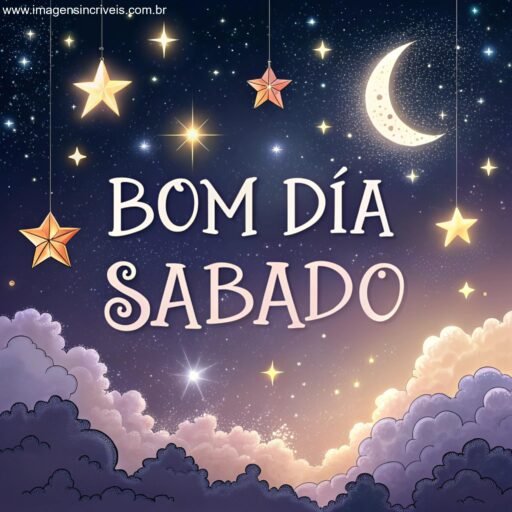 Céu estrelado com o texto ‘Bom Dia Sábado’ entre as nuvens e estrelas brilhantes.