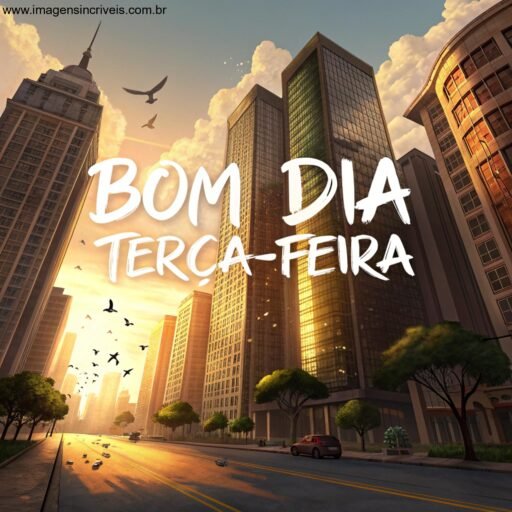 Cidade ao amanhecer com o texto ‘Bom Dia Terça-feira’ nas nuvens e reflexos dourados nos edifícios.