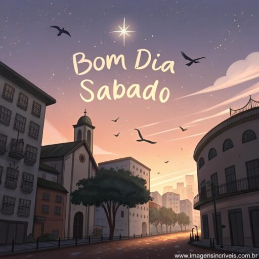 Cidade tranquila ao amanhecer com o texto ‘Bom Dia Sábado’ no céu e pássaros ao redor.