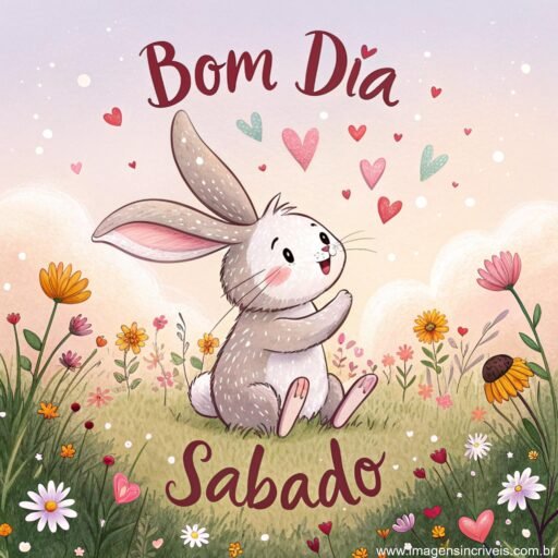 Coelhinho em campo de flores com o texto ‘Bom Dia Sábado’ acima e corações ao redor.