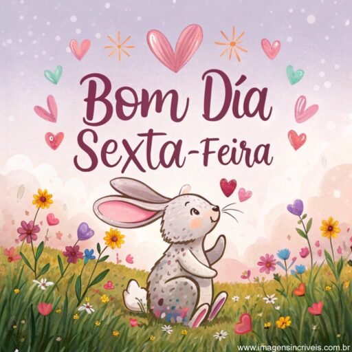 Coelhinho em campo de flores silvestres com o texto ‘Bom Dia Quarta-feira’ acima e corações ao redor.