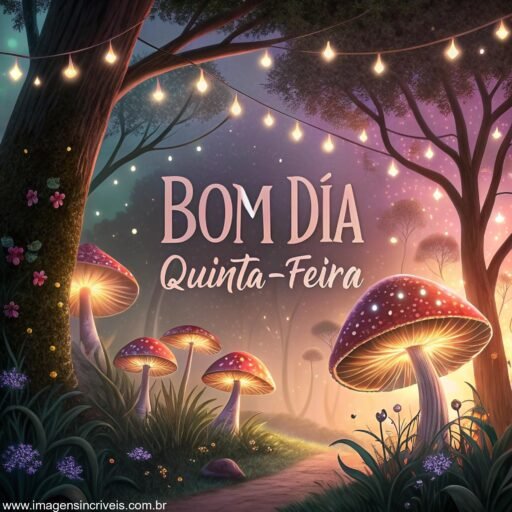 Cogumelos brilhantes em floresta mágica com o texto ‘Bom Dia Quinta-feira’ e luzes mágicas ao redor.