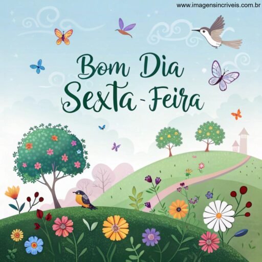 Colina verde com flores e o texto ‘Bom Dia Quarta-feira’ no céu com borboletas ao redor.