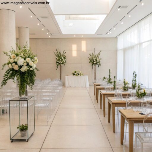 Decoração de casamento minimalista, com tons neutros, mesas retangulares, cadeiras transparentes, flores brancas e verdes e um ambiente clean e moderno.