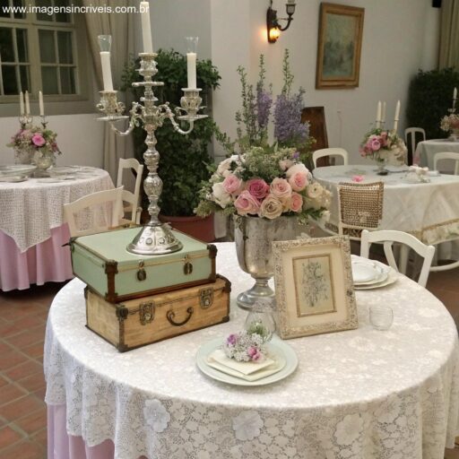 Decoração de casamento vintage, com toalhas de renda, cadeiras antigas, flores em tons pastel, castiçais de prata e elementos de época como malas e molduras.