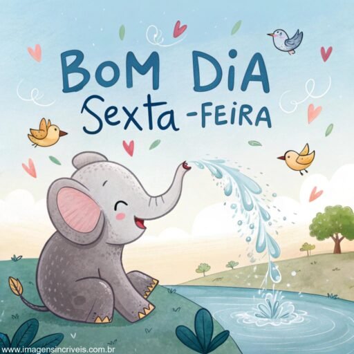 Elefante bebê em lagoa com o texto ‘Bom Dia Quarta-feira’ e gotas de água ao redor.