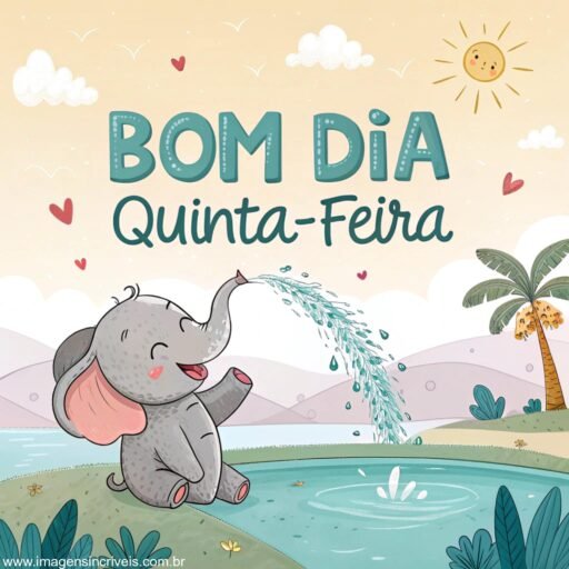 Elefante bebê em lagoa com o texto ‘Bom Dia Quinta-feira’ no céu e gotas de água ao redor.