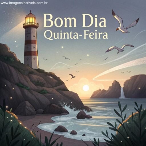 Farol ao amanhecer com o texto ‘Bom Dia Quinta-feira’ e gaivotas ao redor.