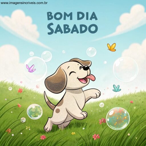 Filhote de cachorro brincando em campo verde com o texto ‘Bom Dia Sábado’ no céu e borboletas ao redor.