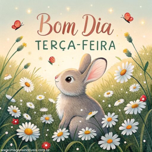 Filhote de coelho em campo de margaridas com o texto ‘Bom Dia Terça-feira’ e joaninhas ao redor.