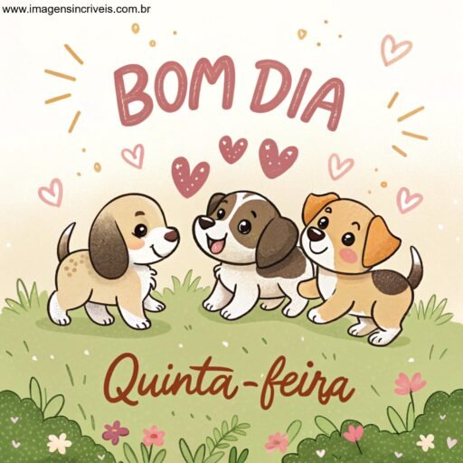 Filhotes de cachorro brincando no campo com o texto ‘Bom Dia Quinta-feira’ e corações ao redor.