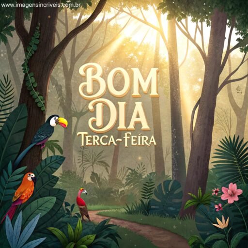 Floresta tropical ao amanhecer com o texto ‘Bom Dia Terça-feira’, papagaios e macacos ao redor.