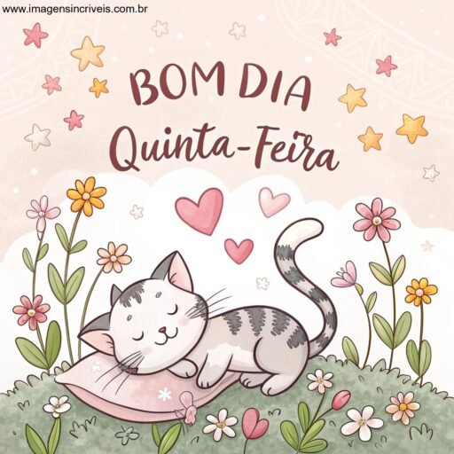 Gatinho dormindo em cama de flores com o texto ‘Bom Dia Quinta-feira’ e estrelas ao redor.