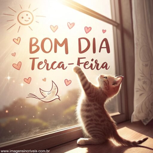 Gatinho na janela com o texto ‘Bom Dia Terça-feira’ e corações ao redor.