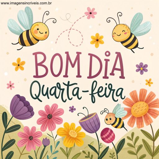 Imagem de abelhas sorridentes voando ao redor de flores coloridas com o texto ‘Bom Dia Quarta-feira’.