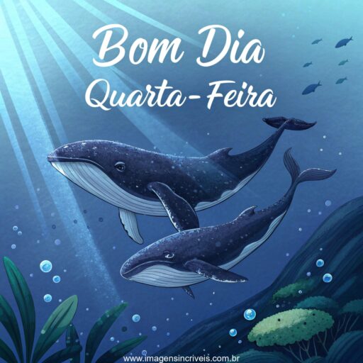 Imagem de duas baleias nadando em um oceano azul profundo com raios de luz e o texto ‘Bom Dia Quarta-feira’.