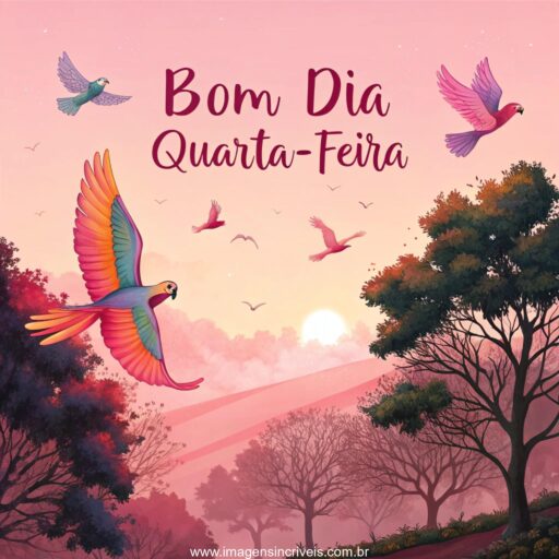Imagem de pássaros coloridos voando em um céu rosa ao amanhecer com o texto ‘Bom Dia Quarta-feira’.
