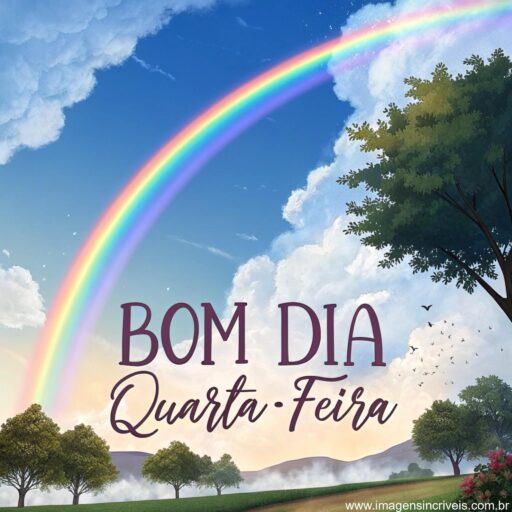 Imagem de um arco-íris brilhante em um céu azul claro com nuvens fofas e o texto ‘Bom Dia Quarta-feira’.