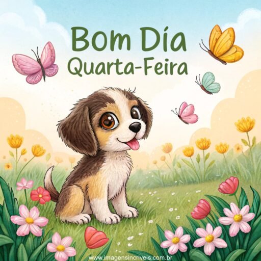 Imagem de um cachorrinho fofo com olhos grandes e brilhantes, sentado em um jardim de flores com borboletas ao redor e o texto ‘Bom Dia Quarta-feira’.