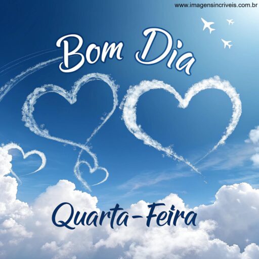 Imagem de um céu azul com nuvens formando corações e o texto ‘Bom Dia Quarta-feira’.
