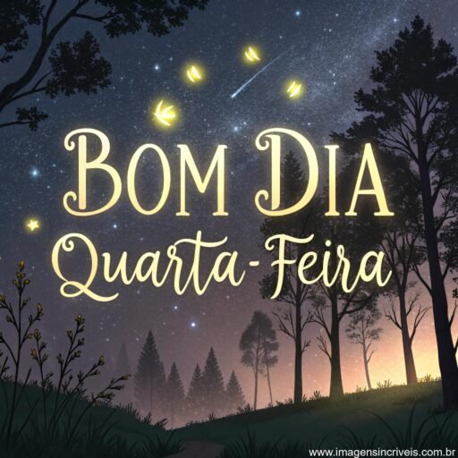 Imagem de um céu estrelado sobre uma floresta com vaga-lumes e o texto ‘Bom Dia Quarta-feira’.