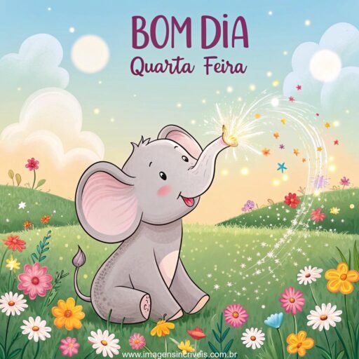 Imagem de um elefante bebê brincando em um campo florido com brilhos ao redor e o texto ‘Bom Dia Quarta-feira’.