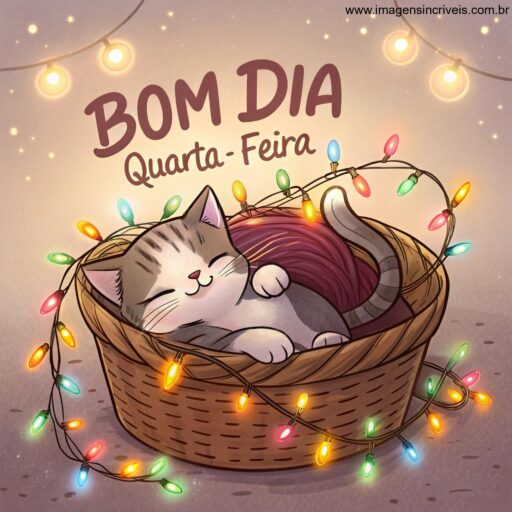 Imagem de um gatinho dormindo em uma cesta com luzes brilhantes e o texto ‘Bom Dia Quarta-feira’.