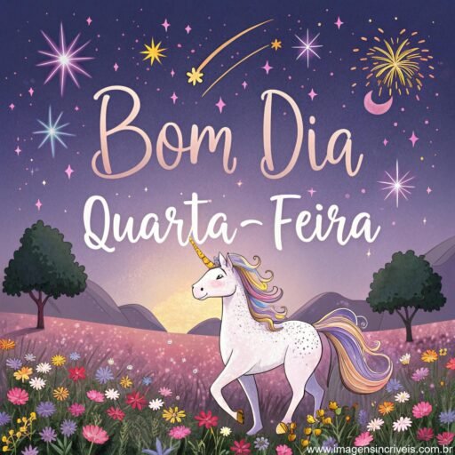 Imagem de um unicórnio mágico em um campo de flores coloridas com estrelas brilhantes e o texto ‘Bom Dia Quarta-feira’.