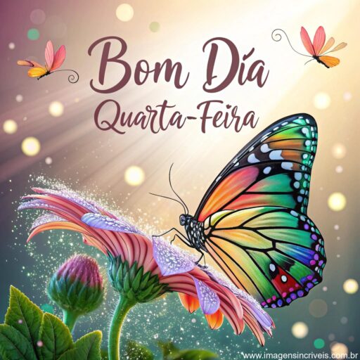 Imagem de uma borboleta colorida em uma flor com gotas de orvalho e brilhos ao redor e o texto ‘Bom Dia Quarta-feira’.