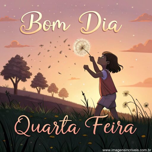 Imagem de uma criança soprando dentes-de-leão em um campo ao pôr do sol com o texto ‘Bom Dia Quarta-feira’.