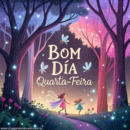 Imagem de uma floresta mágica com árvores coloridas, luzes de fadas brilhantes e o texto ‘Bom Dia Quarta-feira’.