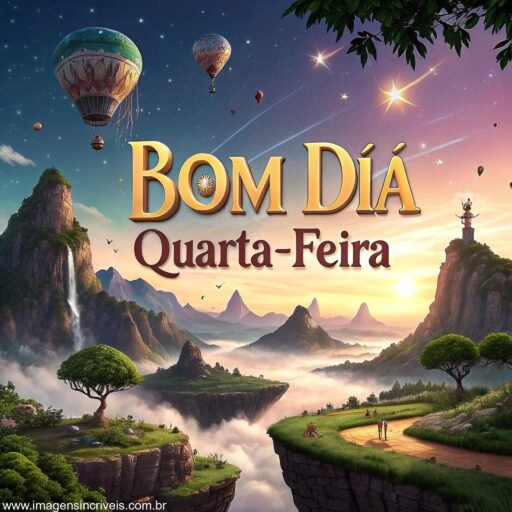 Imagem de uma paisagem de fantasia com montanhas, estrelas e ilhas flutuantes com o texto ‘Bom Dia Quarta-feira’.