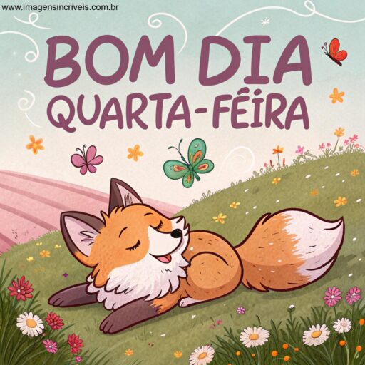 Imagem de uma raposa fofa deitada em um campo florido com borboletas ao redor e o texto ‘Bom Dia Quarta-feira’.