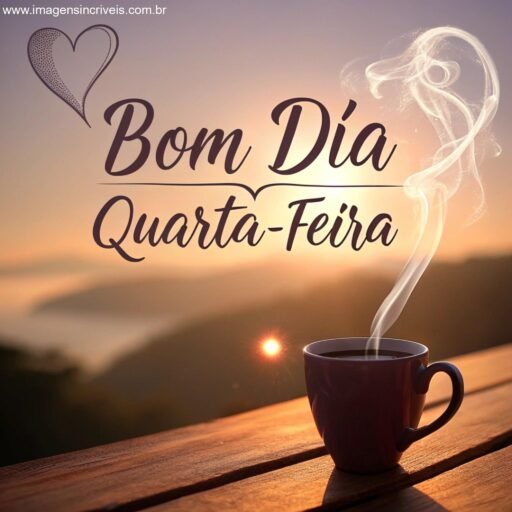 Imagem de uma xícara de café quente em uma mesa de madeira com corações de vapor e o texto ‘Bom Dia Quarta-feira’.