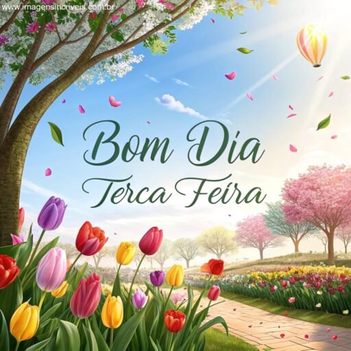 Jardim de tulipas coloridas com o texto ‘Bom Dia Terça-feira’ e pétalas voando ao redor.