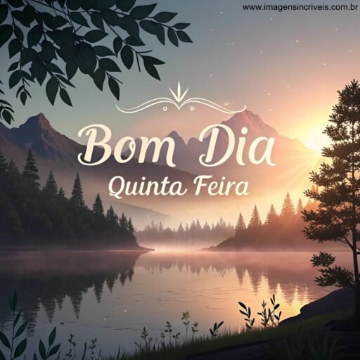 Lago ao amanhecer com o texto ‘Bom Dia Quinta-feira’ refletido na água e montanhas ao fundo.