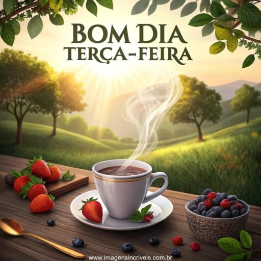 Mesa com café da manhã ao ar livre, com o texto ‘Bom Dia Terça-feira’ e frutas frescas ao redor.