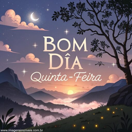 Paisagem montanhosa ao amanhecer com o texto ‘Bom Dia Quinta-feira’ no céu e nuvens ao redor.