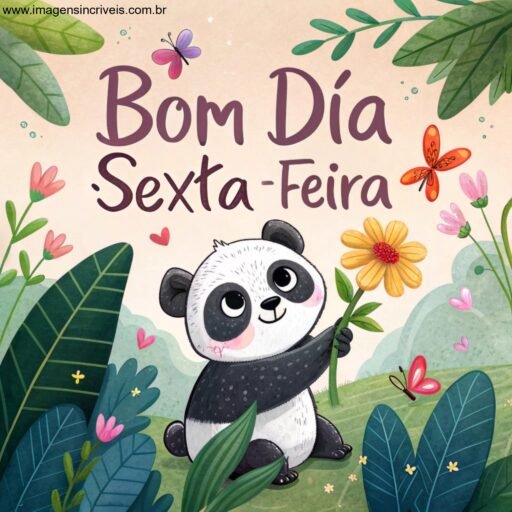 Panda bebê com flor e o texto ‘Bom Dia Quarta-feira’ acima com folhas e borboletas ao redor.