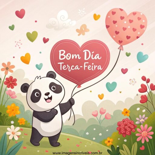 Panda segurando balão em forma de coração com o texto ‘Bom Dia Terça-feira’, cercado por corações e flores.