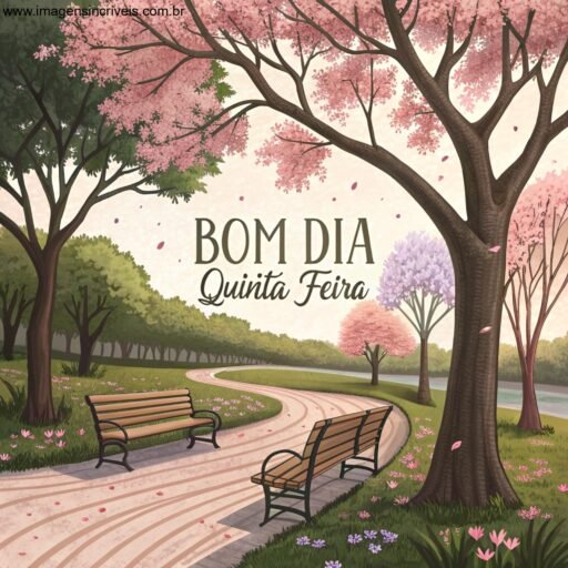 Parque com árvores floridas e o texto ‘Bom Dia Quinta-feira’ nas folhas.