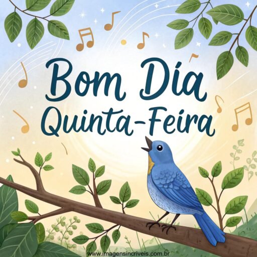 Passarinho azul em galho com o texto ‘Bom Dia Quinta-feira’ entre folhas e notas musicais.